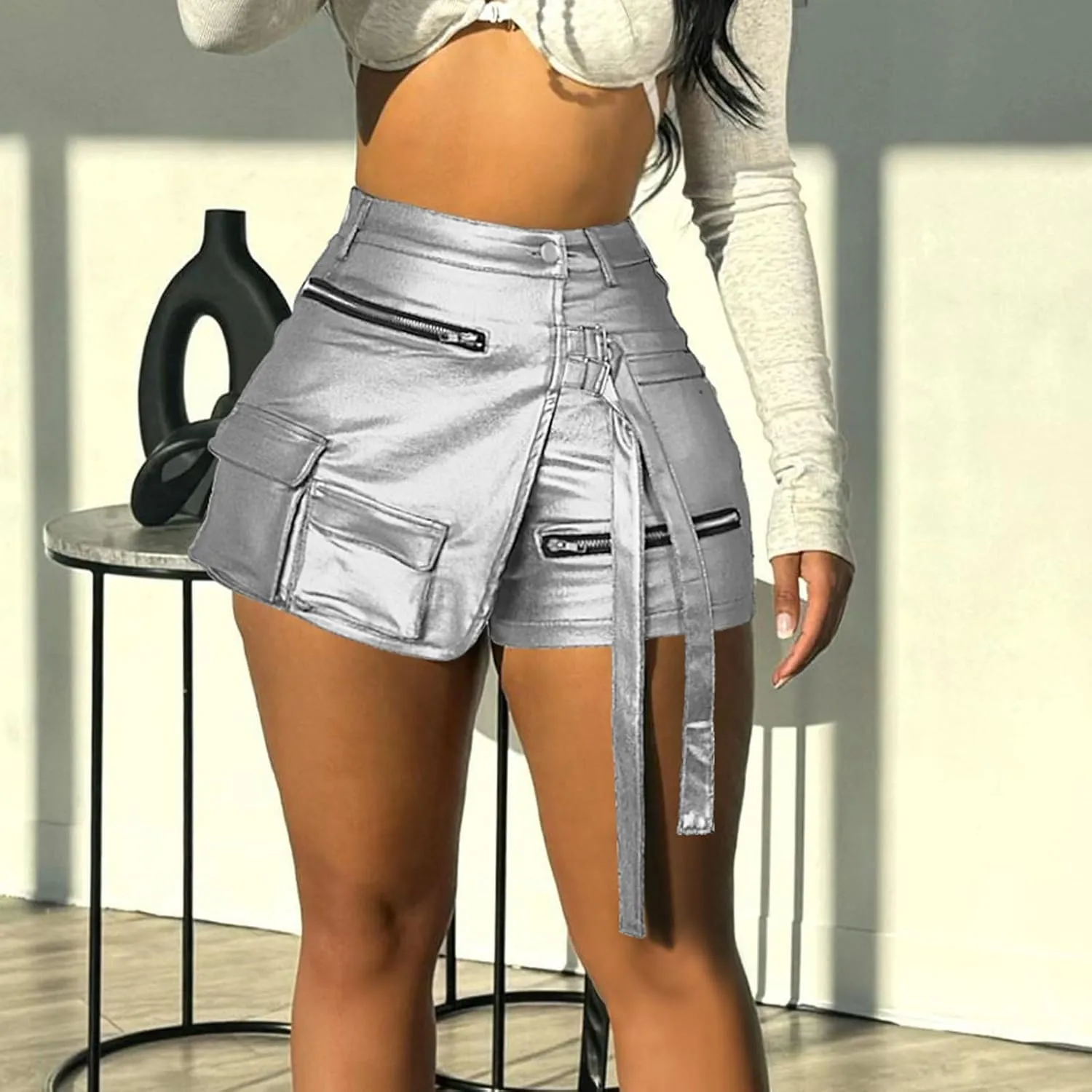Women's Metallic Cargo Shorts Summer PU Leather Irregular Split with Pockets Stretchy Y2K Streetwear Skirt Skorts