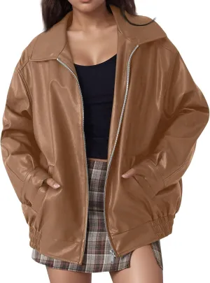 Womens Oversized Faux Leather Jacket Full Zip Up Long Sleeve Casual Motorcycle Outwear Faux Suede Bomber Jackets