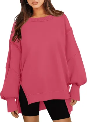 Women's Oversized Sweatshirt Crewneck Long Sleeve Side Slit Casual Loose Slouchy Pullover Top