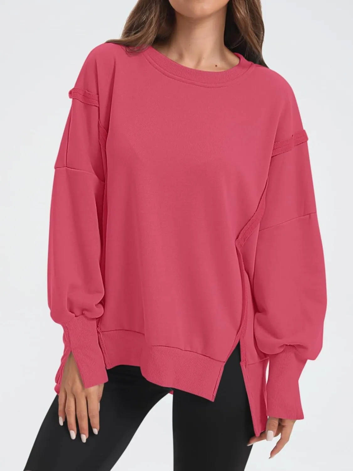Women's Oversized Sweatshirt Crewneck Long Sleeve Side Slit Casual Loose Slouchy Pullover Top
