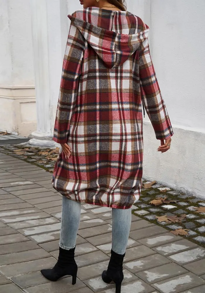 Women's Plaid Shacket Jacket Oversized Long Sleeve Zip Up Hooded Jacket Trench Classic Long Coat with Pockets