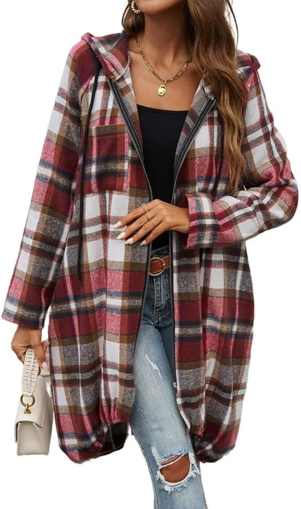 Women's Plaid Shacket Jacket Oversized Long Sleeve Zip Up Hooded Jacket Trench Classic Long Coat with Pockets