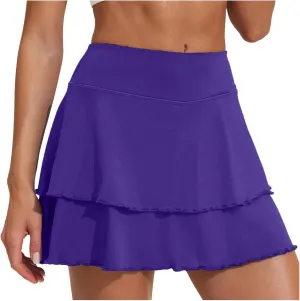 Womens Pleated Tennis Skirt Double Ruffle Flowy Golf Skort High Waisted Tummy Control Gym Running Athletic Skirts Wine XXL