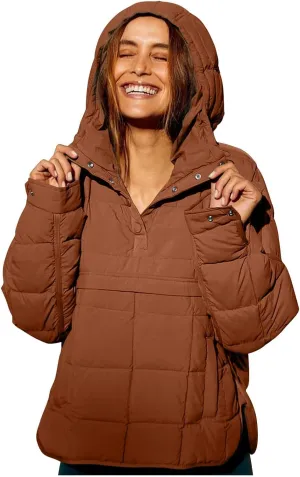 Womens Quilted Puffer Jacket Oversized Long Sleeve Hooded Coats Baggy Short Down Coats Winter Warm Lightweight Outwear