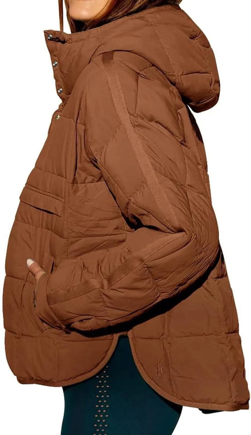 Womens Quilted Puffer Jacket Oversized Long Sleeve Hooded Coats Baggy Short Down Coats Winter Warm Lightweight Outwear