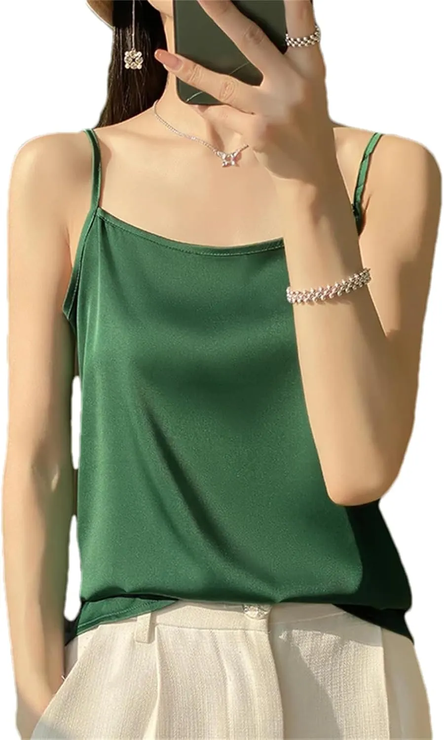 Women's Satin Strap Tank Top  Soft Silky Sleeveless Blouse Sexy Summer Camisole Vest