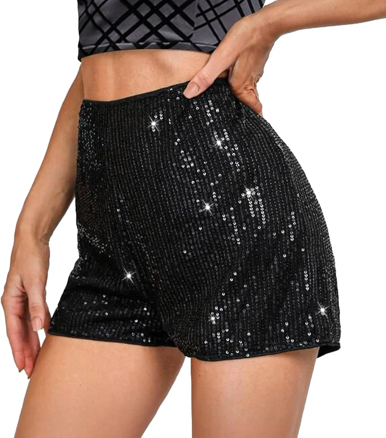 Women's Sequin Shorts Mid Waist Elastic Band Sparkly Straight Leg Shorts Glitter Hot Pants for Rave Party