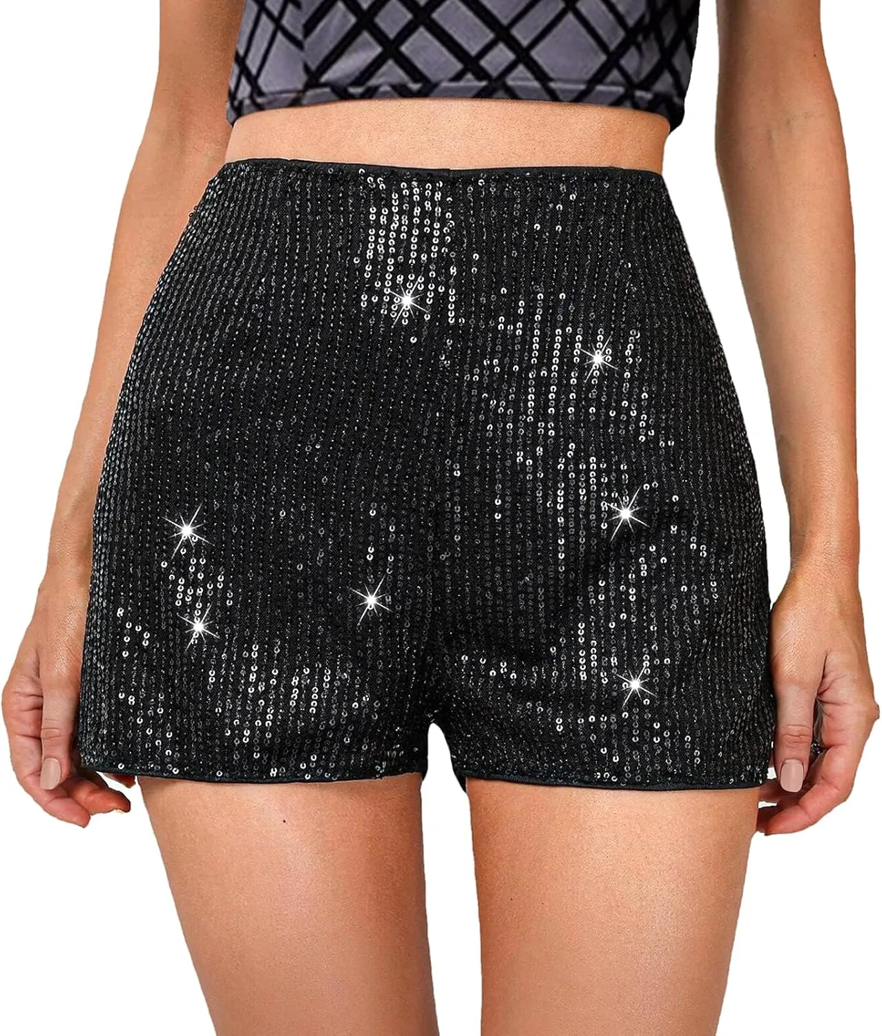 Women's Sequin Shorts Mid Waist Elastic Band Sparkly Straight Leg Shorts Glitter Hot Pants for Rave Party