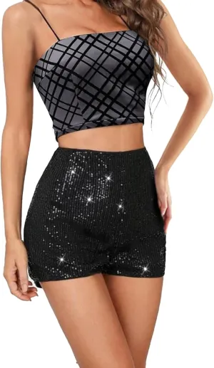 Women's Sequin Shorts Mid Waist Elastic Band Sparkly Straight Leg Shorts Glitter Hot Pants for Rave Party