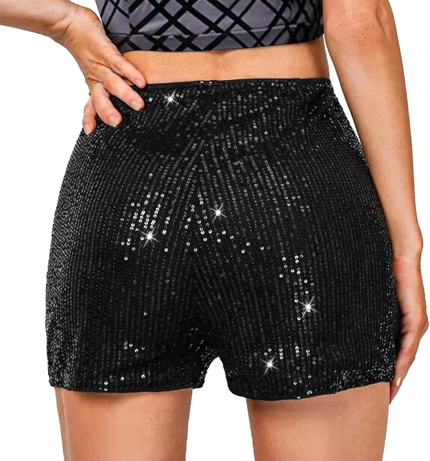 Women's Sequin Shorts Mid Waist Elastic Band Sparkly Straight Leg Shorts Glitter Hot Pants for Rave Party