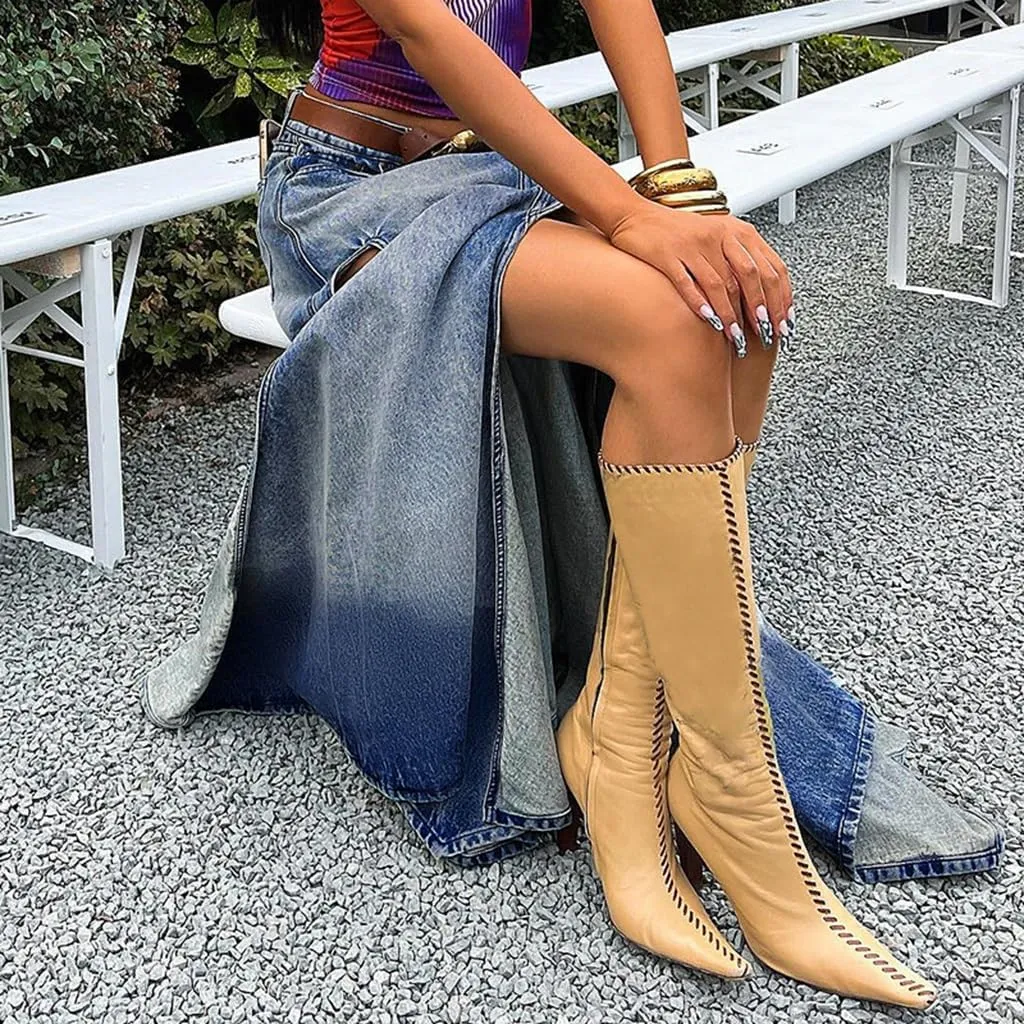 Women's Sexy Split Thigh High Waist Denim Long Skirt Casual Summer A-Line Midi Skirts with Pocket