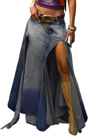 Women's Sexy Split Thigh High Waist Denim Long Skirt Casual Summer A-Line Midi Skirts with Pocket