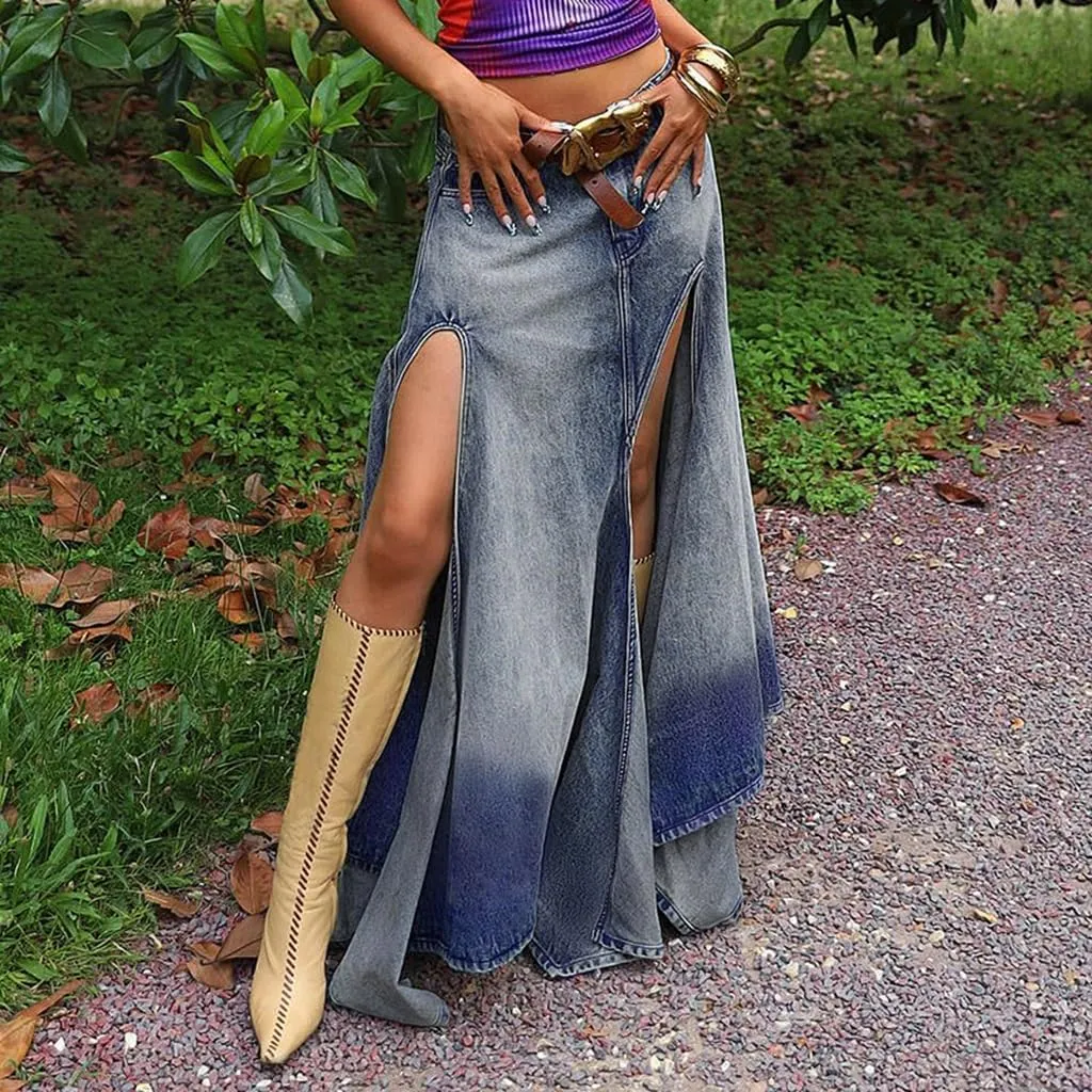 Women's Sexy Split Thigh High Waist Denim Long Skirt Casual Summer A-Line Midi Skirts with Pocket