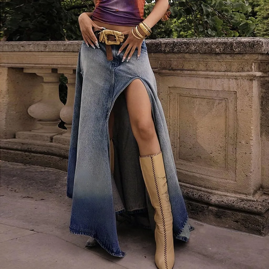 Women's Sexy Split Thigh High Waist Denim Long Skirt Casual Summer A-Line Midi Skirts with Pocket