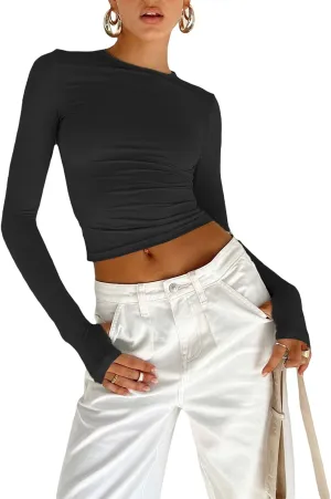 Women's Slim Fit Going Out Crop Tops Casual Solid Color Crew Neck Long Sleeve Tight Tee Shirt Basic Streetwear