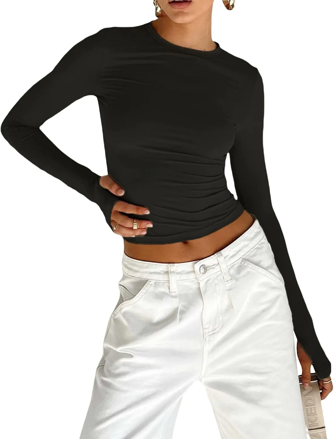 Women's Slim Fit Going Out Crop Tops Casual Solid Color Crew Neck Long Sleeve Tight Tee Shirt Basic Streetwear