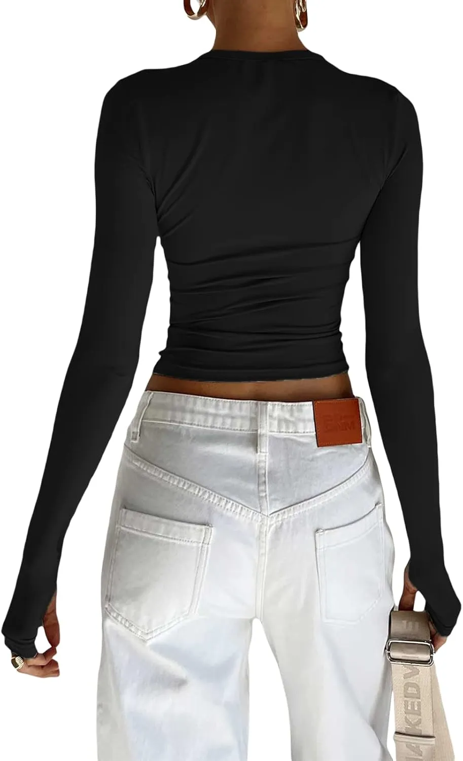 Women's Slim Fit Going Out Crop Tops Casual Solid Color Crew Neck Long Sleeve Tight Tee Shirt Basic Streetwear