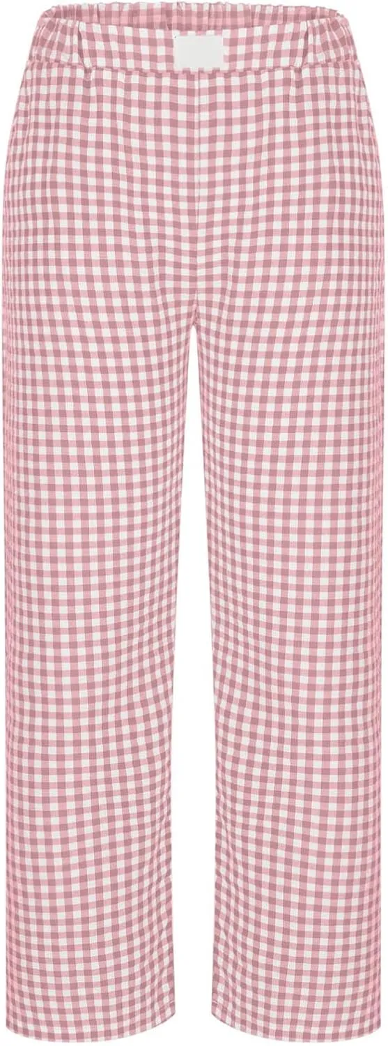 Women's Striped Gingham Boxer Pant Wide Leg Elastic Waist Pajama Lounge Pj Plaid TrousersY2K Beach Bottoms with Pocket