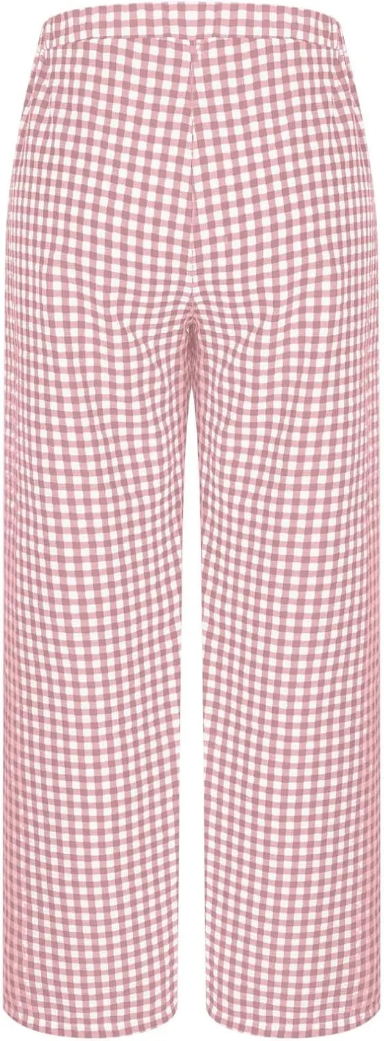 Women's Striped Gingham Boxer Pant Wide Leg Elastic Waist Pajama Lounge Pj Plaid TrousersY2K Beach Bottoms with Pocket