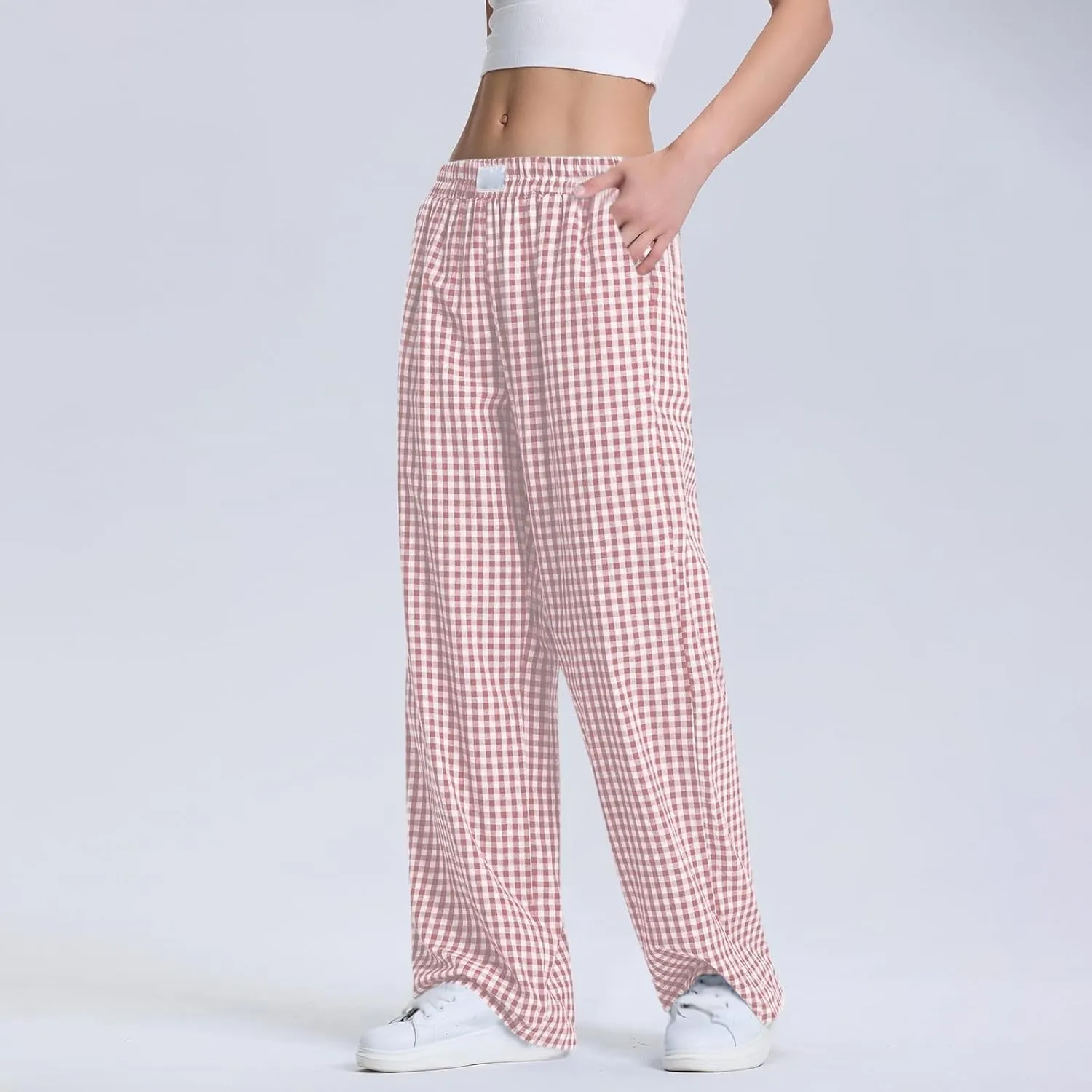 Women's Striped Gingham Boxer Pant Wide Leg Elastic Waist Pajama Lounge Pj Plaid TrousersY2K Beach Bottoms with Pocket