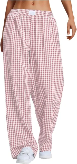 Women's Striped Gingham Boxer Pant Wide Leg Elastic Waist Pajama Lounge Pj Plaid TrousersY2K Beach Bottoms with Pocket