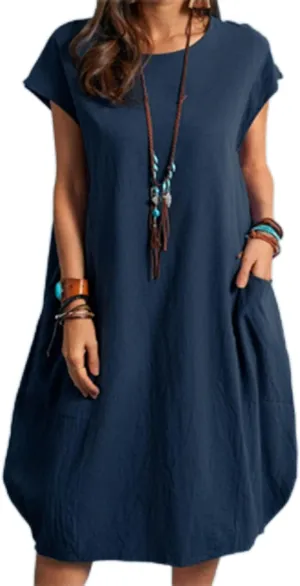 Women's Summer Midi Dress Casual Plain Simple T-Shirt Loose Dress Crewneck Short Sleeve T Shirt Sundress with Pockets