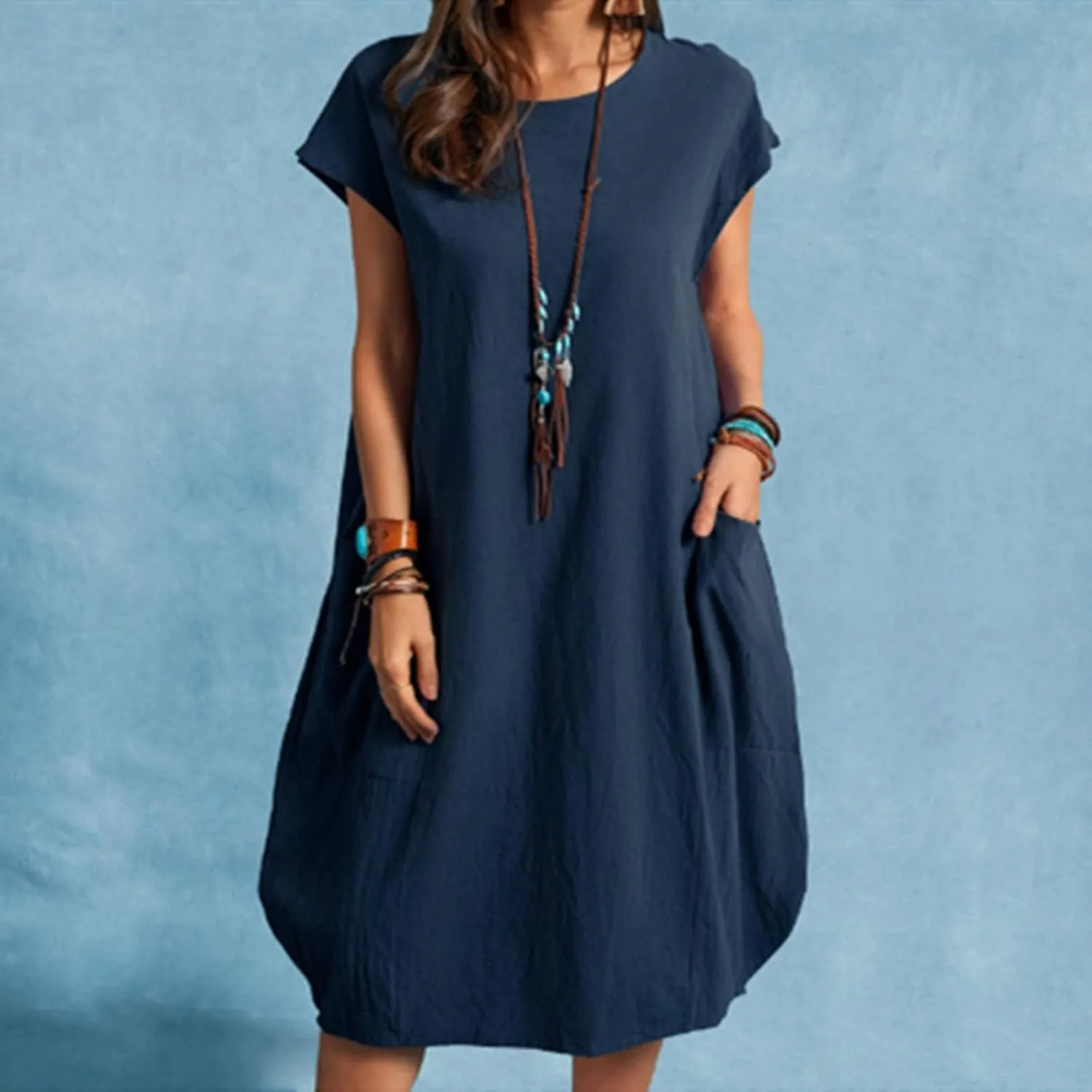 Women's Summer Midi Dress Casual Plain Simple T-Shirt Loose Dress Crewneck Short Sleeve T Shirt Sundress with Pockets
