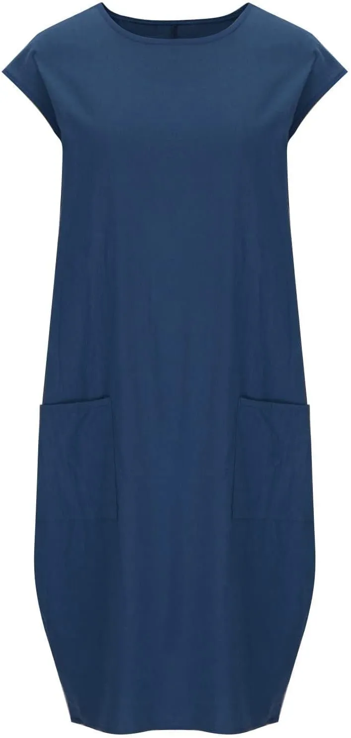 Women's Summer Midi Dress Casual Plain Simple T-Shirt Loose Dress Crewneck Short Sleeve T Shirt Sundress with Pockets