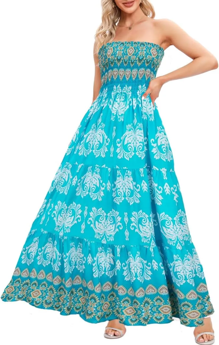 Women's Summer Strapless Tube Top Maxi Dresses Off Shoulder Boho Beach Long Dress