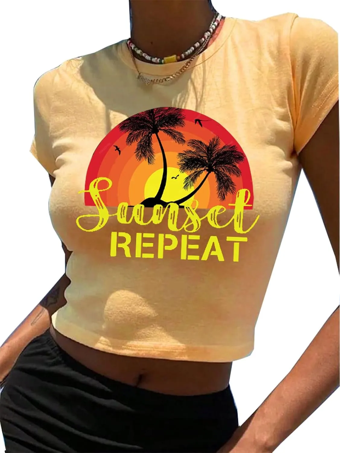 Women's Sunrise Sunset Sunshine T Shirt Hawaii Beach Crop Top Vintage Palm Tree Vacation Tee Shirts for Teen Girl