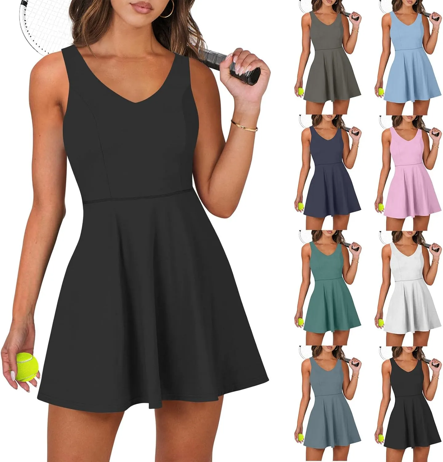 Womens Tennis Dress Summer Cross Tie Backless V Neck Tank Dresses Athletic Romper Dress with Shorts Underneath