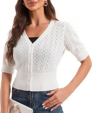 Women's V Neck Cropped Cardigan, Short Sleeve Casual Button Front Knit Sweater Top