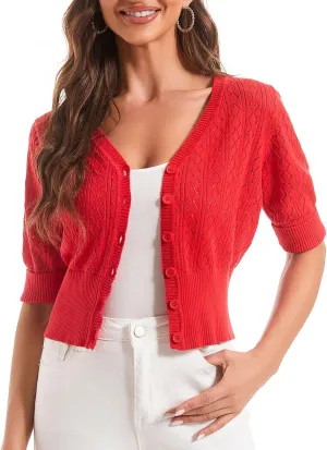Women's V Neck Cropped Cardigan, Short Sleeve Casual Button Front Knit Sweater Top