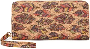 Women's Wallet, Vintage Wood Grain Zipper Wallets, Ladies RFID Blocking Credit Card Holder Wristlet Wallet for Women, Large Capacity Leather Purse Clutch (Feather)