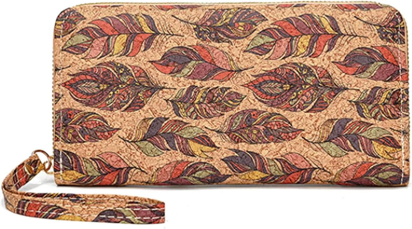 Women's Wallet, Vintage Wood Grain Zipper Wallets, Ladies RFID Blocking Credit Card Holder Wristlet Wallet for Women, Large Capacity Leather Purse Clutch (Feather)