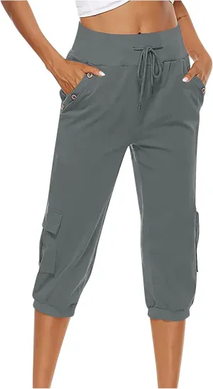 XUNRYAN Cargo Pants Capris Womens Summer Casual Linen Cotton Crop Pants Joggers Palazzo Harem Pants Beach Trousers w Pockets