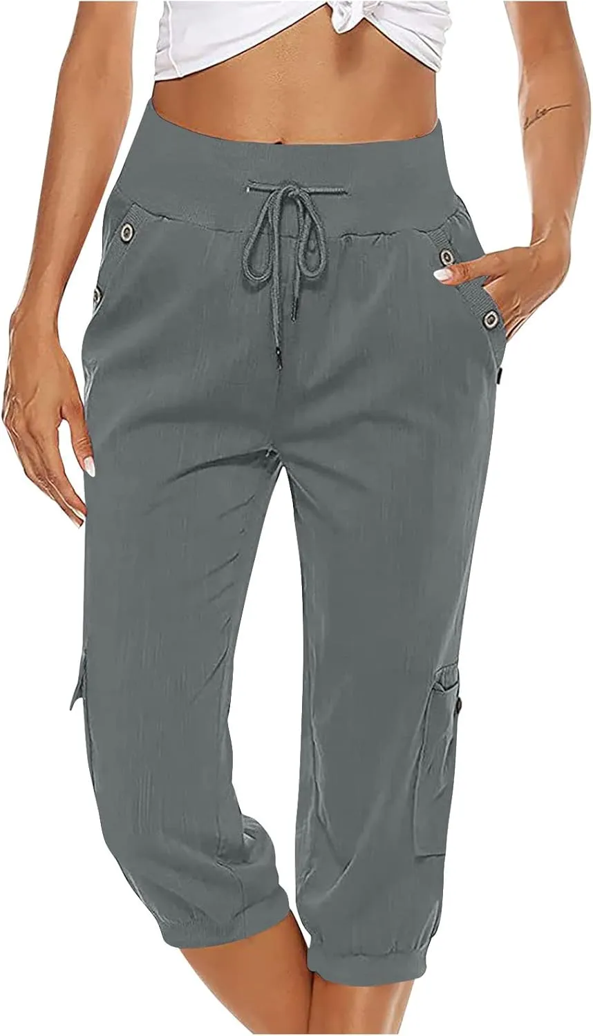 XUNRYAN Cargo Pants Capris Womens Summer Casual Linen Cotton Crop Pants Joggers Palazzo Harem Pants Beach Trousers w Pockets