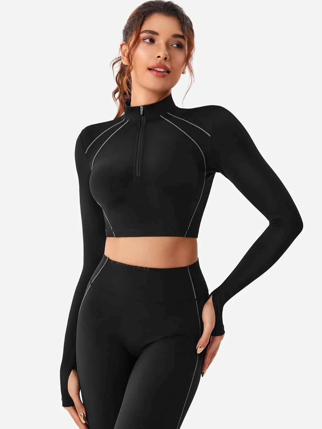 YEOREO Women Zip Up Long Sleeve Workout Crop Top Mock Neck Yoga Shirt