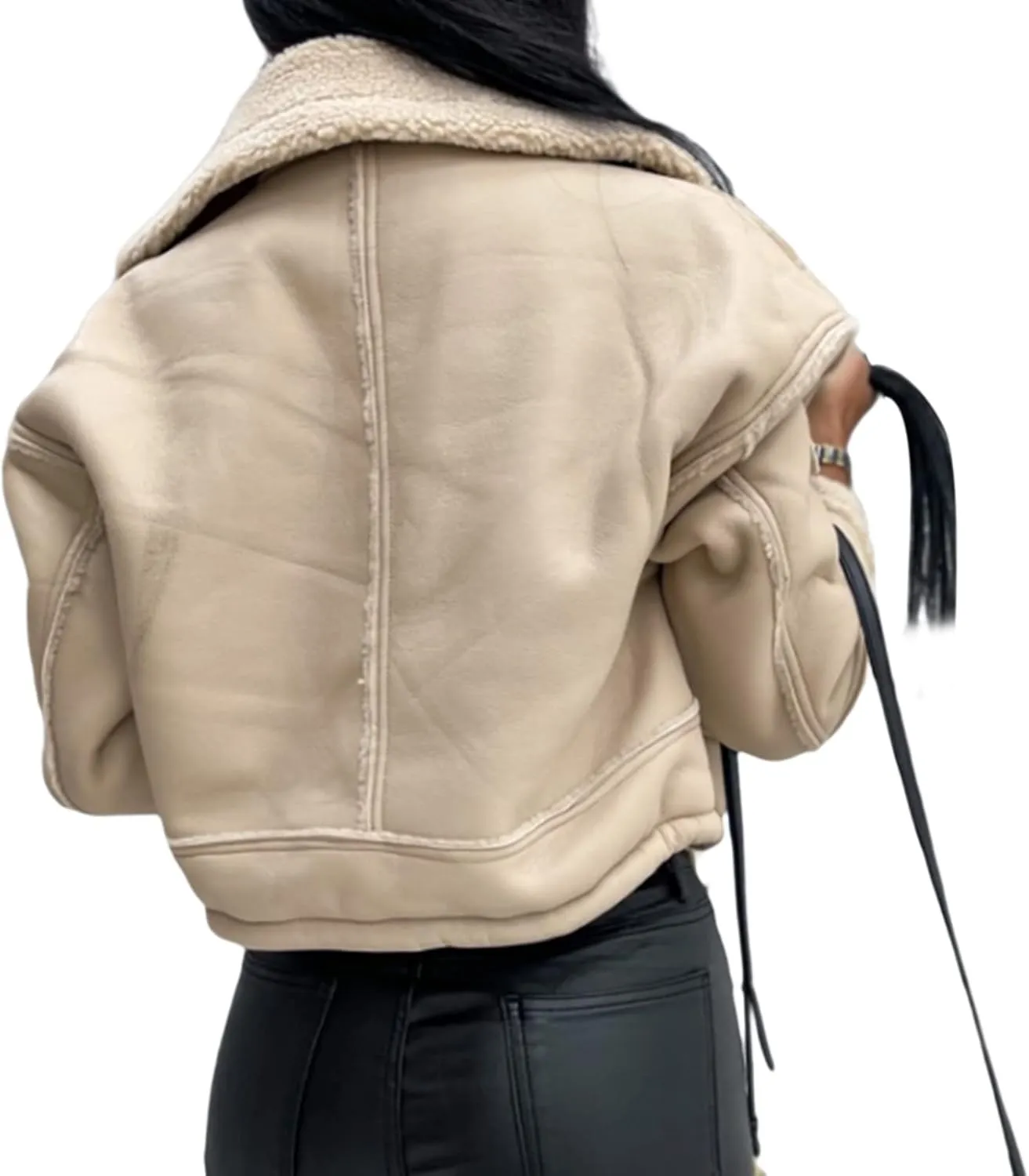Yoawdats Women's Faux Leather Jacket with Faux Fur Plush Collar Thicken Warm Long Sleeve Parka Cardigan with Belt Outwear