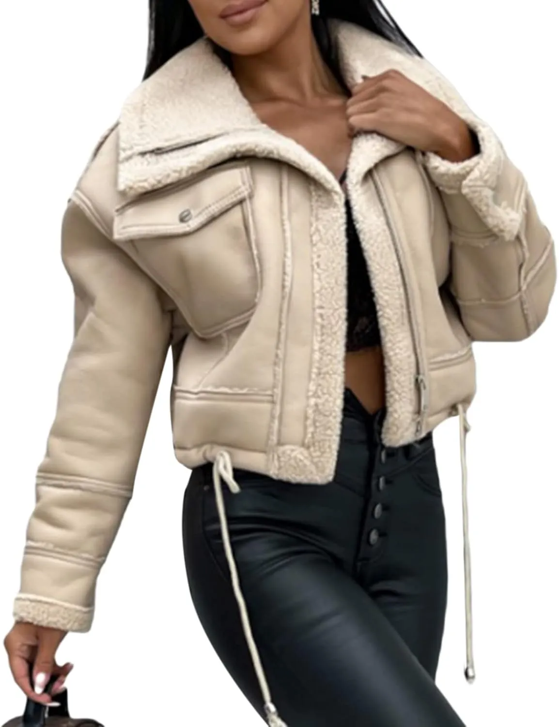 Yoawdats Women's Faux Leather Jacket with Faux Fur Plush Collar Thicken Warm Long Sleeve Parka Cardigan with Belt Outwear