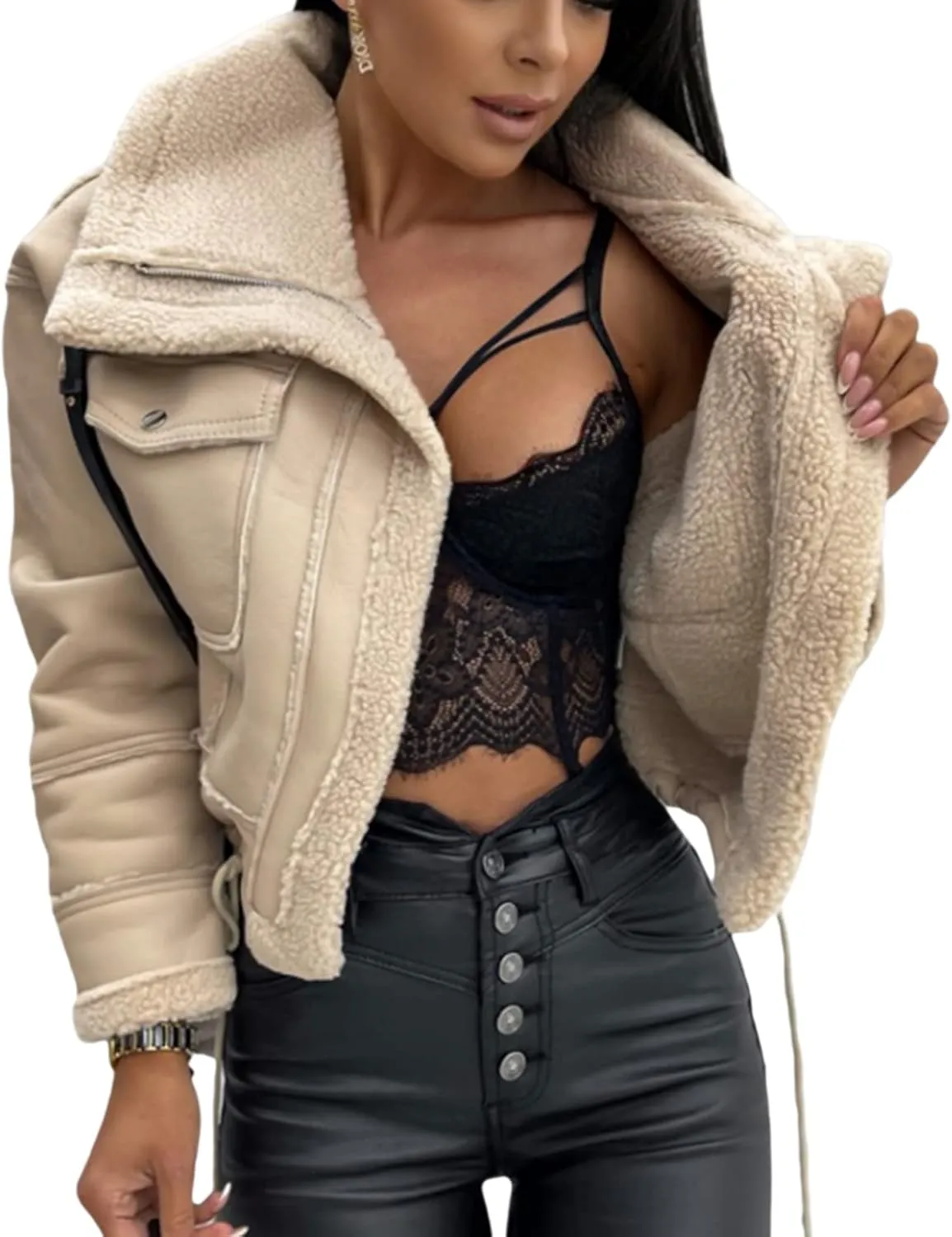 Yoawdats Women's Faux Leather Jacket with Faux Fur Plush Collar Thicken Warm Long Sleeve Parka Cardigan with Belt Outwear