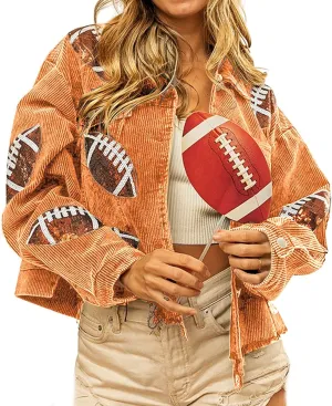 yoeasy Women's Corduroy Rugby Sequin Crop Jacket Raw Hem Vintage Football Distressed Short Jacket Coat With Pockets