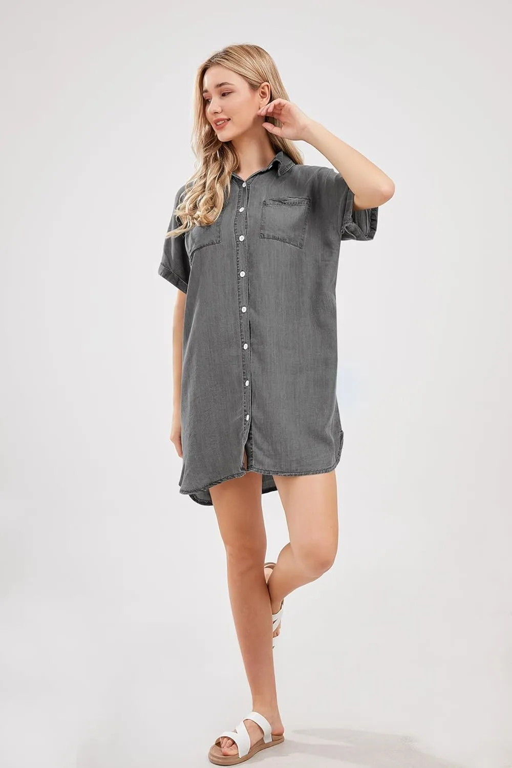 yoeasy Women's Short Sleeve Denim Shirt Mini Dress Button Down Tunic Jean Dress with Pockets