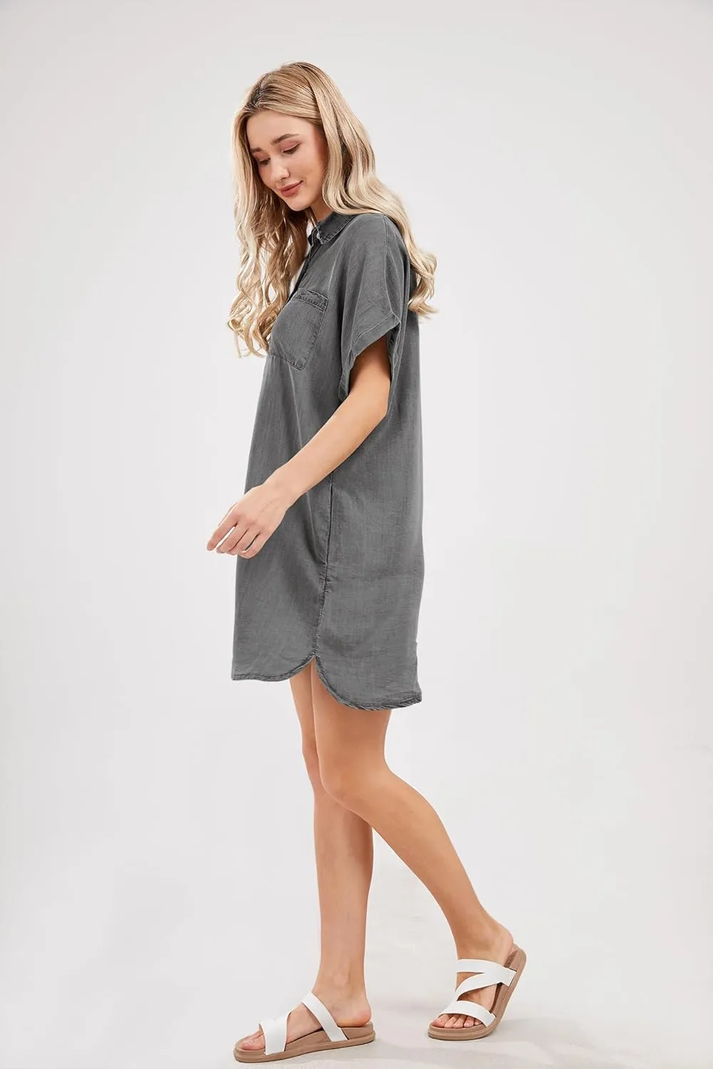 yoeasy Women's Short Sleeve Denim Shirt Mini Dress Button Down Tunic Jean Dress with Pockets