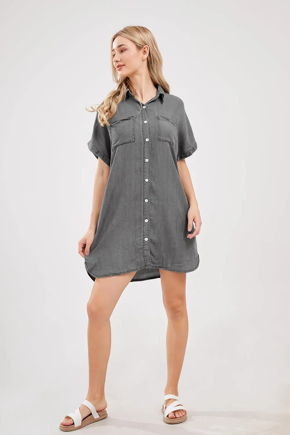 yoeasy Women's Short Sleeve Denim Shirt Mini Dress Button Down Tunic Jean Dress with Pockets
