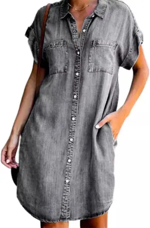 yoeasy Women's Short Sleeve Denim Shirt Mini Dress Button Down Tunic Jean Dress with Pockets
