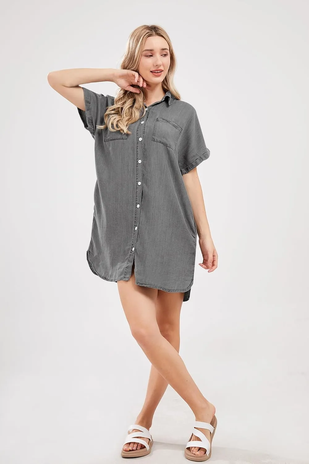 yoeasy Women's Short Sleeve Denim Shirt Mini Dress Button Down Tunic Jean Dress with Pockets
