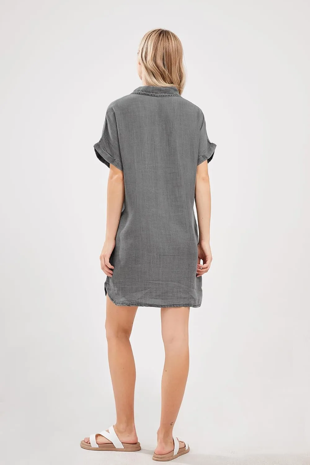 yoeasy Women's Short Sleeve Denim Shirt Mini Dress Button Down Tunic Jean Dress with Pockets