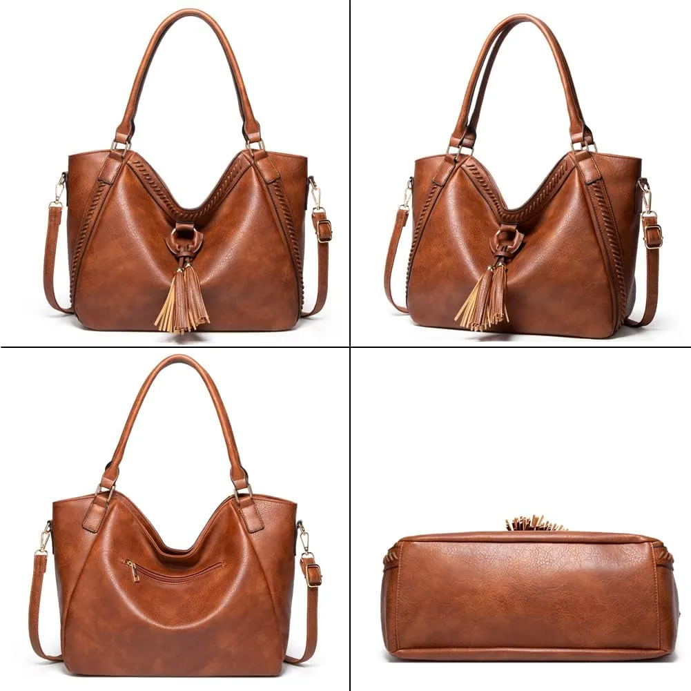 Yohora Womens Tote Shoulder Bag Leather Hobo Purse Large Top Handle Handbag with Tassels