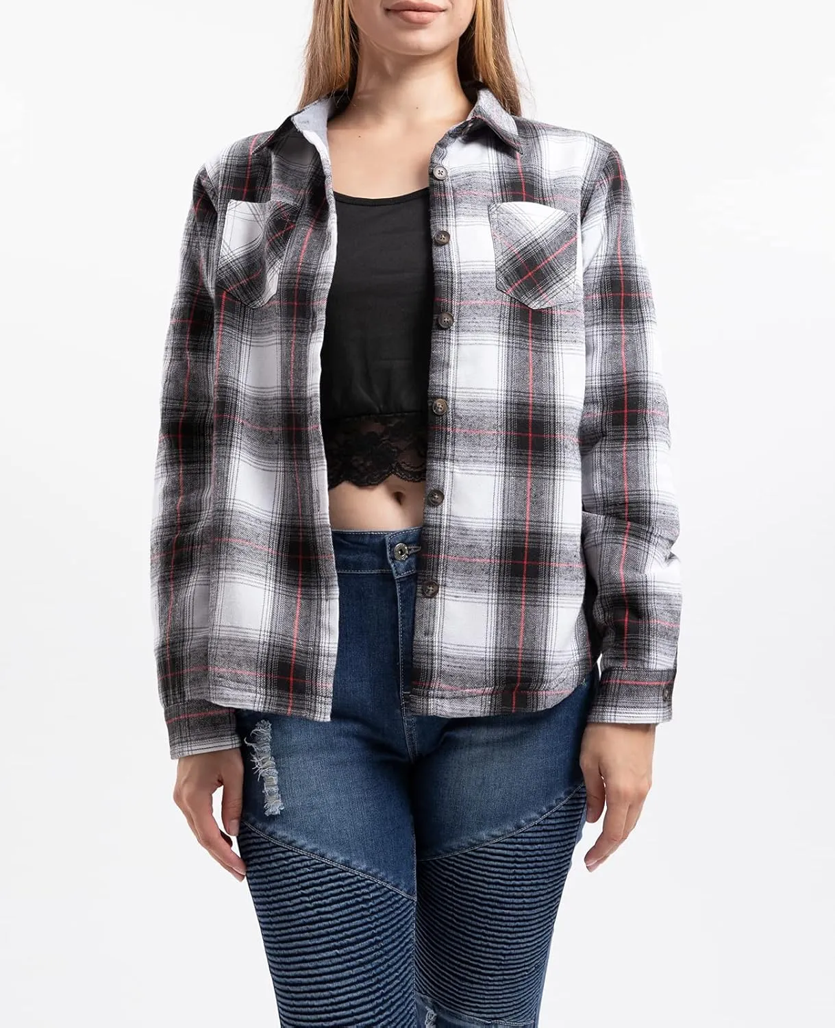 ZENTHACE Women's Thermal Fleece Lined Plaid Button Down Flannel Shirt Jacket